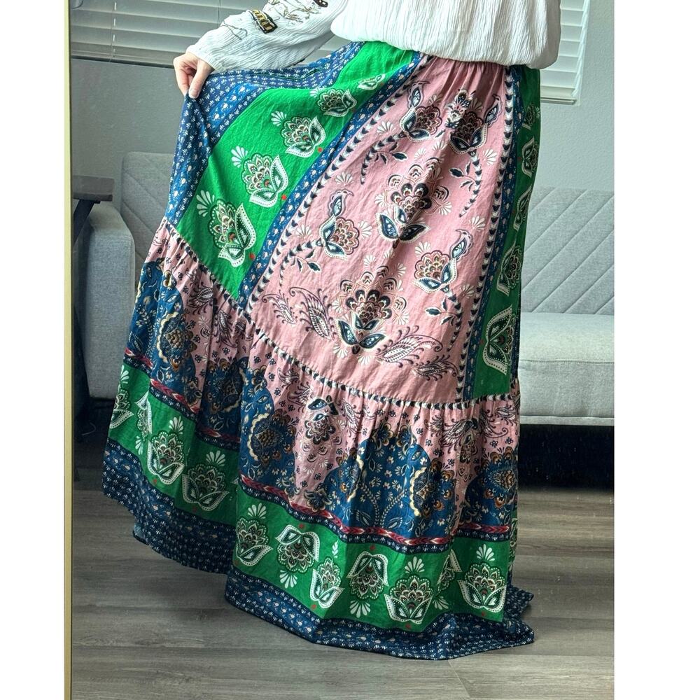 Farm Rio Anthropologie Linen Blend Maxi Skirt L Boho Resort Festival Floral - Picture 2 of 16